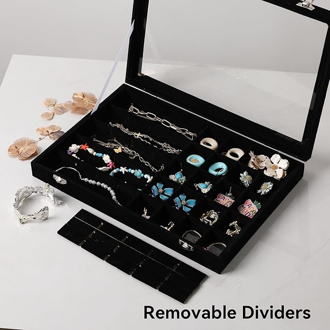 Frebeauty 40 Grid Jewelry Tray,Adjustable Earring Holder Organizer with Glass Lid,Velvet Drawer Jewelry Organizer for Rings,S