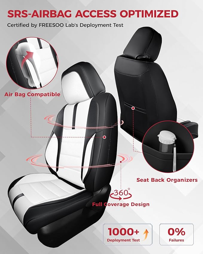FREESOO Black White Front Car Seat Covers - Faux Nappa Leather Seat Covers for Cars, with Carbon Fiber Texture Seatbelt Pads,