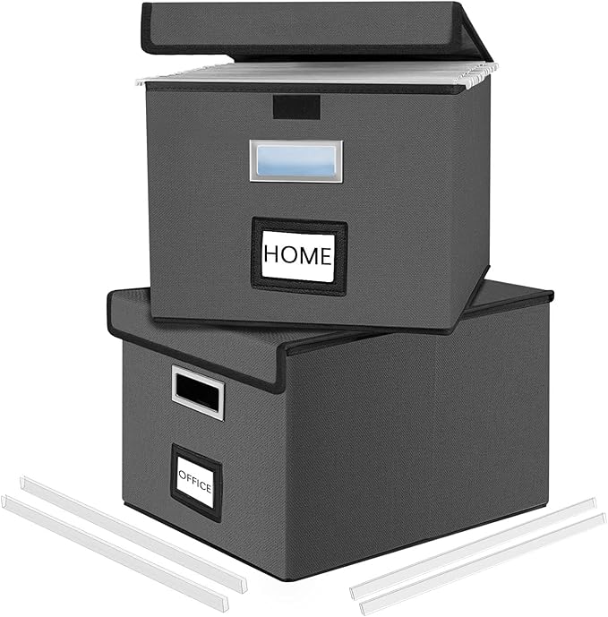 Huolewa File Organizer Boxes with Lids, Linen Office Document Storage Boxes, Filing Boxes, Decorative Small File Boxes for Ha