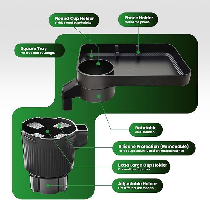 Car Cup Holder Tray, Extra Large Car Cup Holder Expander with 360° Rotation Fit Most Big Cup Detachable 3 in 1 Car Trays for 