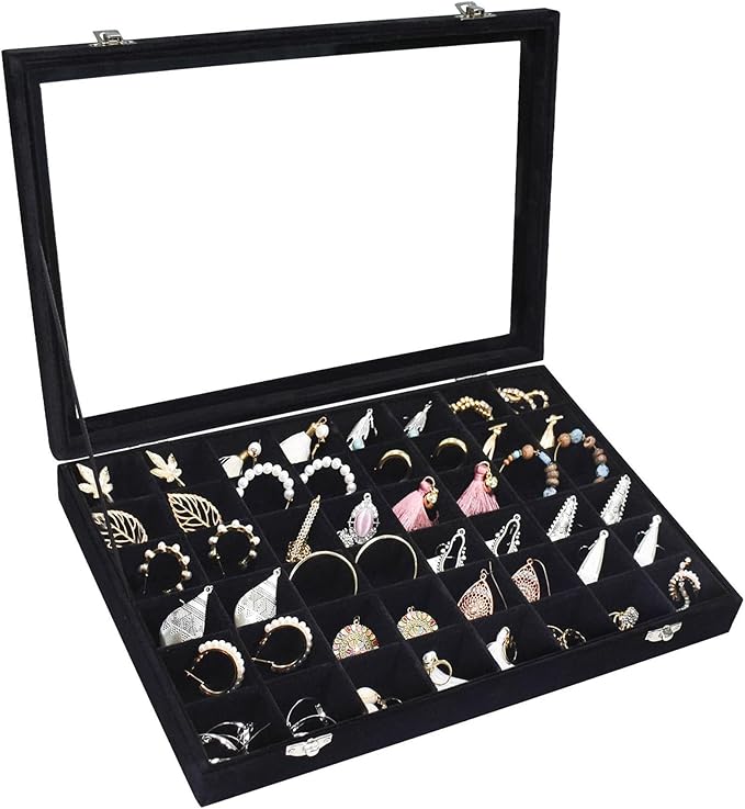 Siveit Velvet Jewelry Tray 48 Grid Jewelry Display Tray Organizer Box with Transparent Lid Rings Earrings Necklaces Pendants 