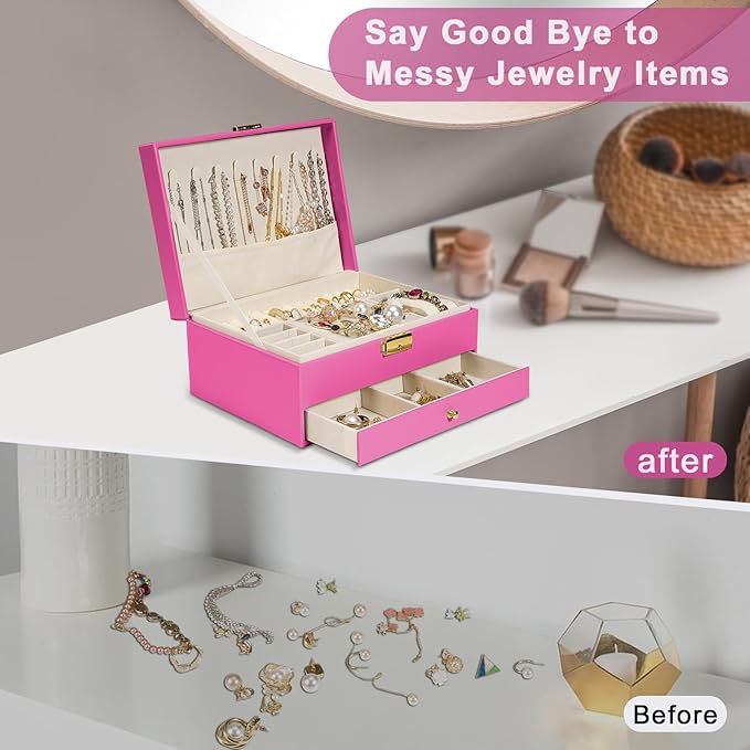 2-Layer Jewelry Box for women, jewelry organizers and storage with Removable Jewelry Tray, vintage quilted top Lockable Jewel