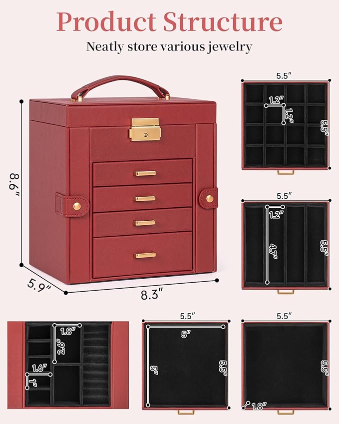 TORIBIO Jewelry Box for Women, Leather Jewelry Organizer with Mirror & Lock, 5-Tier Jewelry Storage Organizer with 4 Drawers 