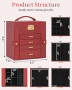 TORIBIO Jewelry Box for Women, Leather Jewelry Organizer with Mirror & Lock, 5-Tier Jewelry Storage Organizer with 4 Drawers 