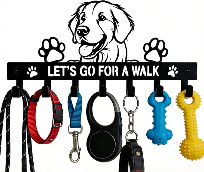 Golden Retriever Key Holder, Dog Leash Holder for Wall with 7 Hooks, Black Decorative Small Key Hanger for Entryway&Front Doo