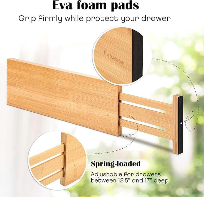 Fabsome Dresser Drawer Organizers 6 Pack, 4.65'' High Adjustable from 12.5-17‘’ Bamboo Drawer Dividers for Clothing Baby Clot
