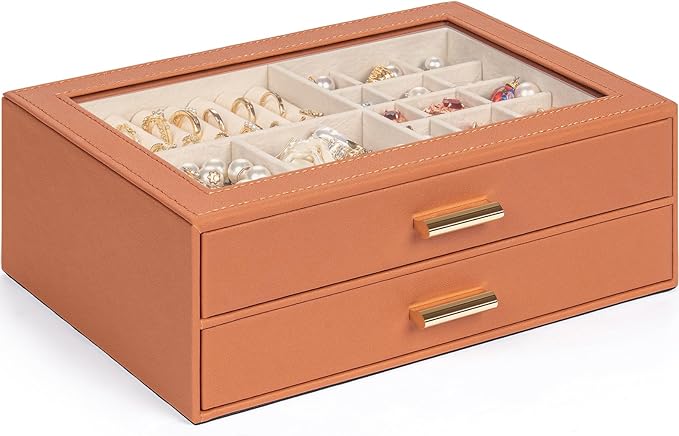 AKOZLIN Jewelry Box with Clear Lid Functional Leather Jewelry Storage Organizer Case 2 Drawers for Women Girls Necklace Ring 