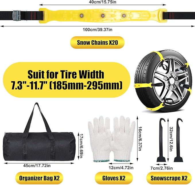 20 Pcs Anti Slip Snow Chains for Tire Emergency Universal Adjustable Mud Ice Sand Tire Chains for Car Suv Truck Lawn Winter S