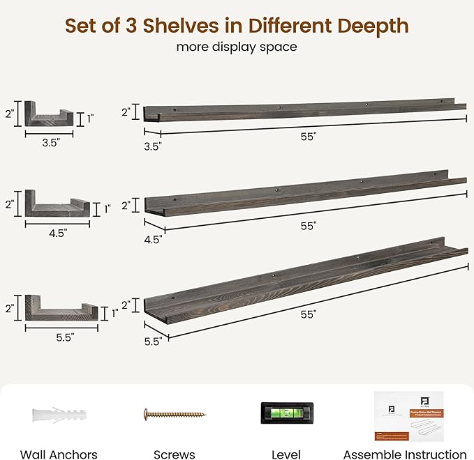 Picture Ledge Wall Shelves 56 Inches Width Set of 3, Solid Pine Wood Rustic Floating Ledge for Kids' Room Bedroom Kitchen Bat