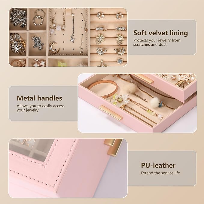 3-Layer Jewelry Box for Women, Jewelry Organizer with Glass Lid and Drawers, Jewelry Organizers and Storage for Necklaces, Ri