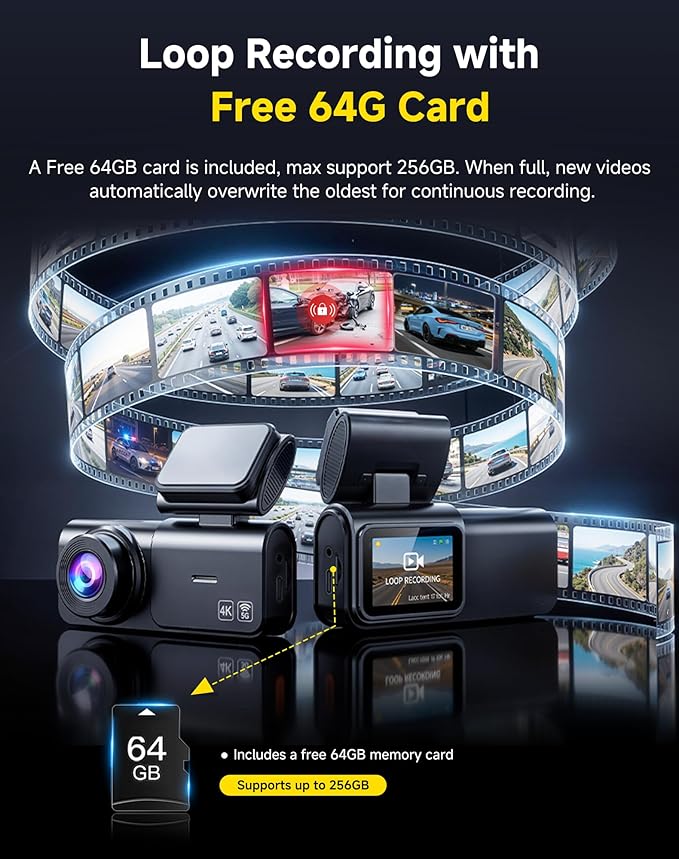AXB Dash Cam Front and Rear: 4K+2.5K Dashcam with 5G WiFi APP Control & 64GB Card - Dual Dash Camera for Cars with 24H Parkin