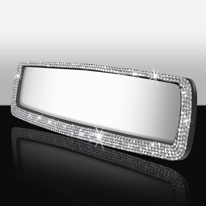 Bling Rear View Mirror Accessories with 2 PCS Car Seat Hooks for Headrest, Universal Bling Diamond Rear View Mirror Cover for Women ＆ Girls
