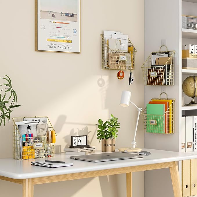 Yuzehuaza Wall File Organizer Mesh Hanging Wall Files Holder,Magazine Rack and Mail Basket with Hooks, Office Wall Organizer 
