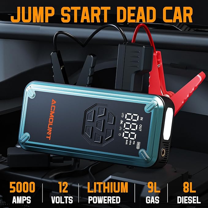 Jump Starter with Air Compressor, Acmount 5000A Car Battery Jump Starter with 150PSI Tire Inflator for Up to 9.0 Gas/8.0L