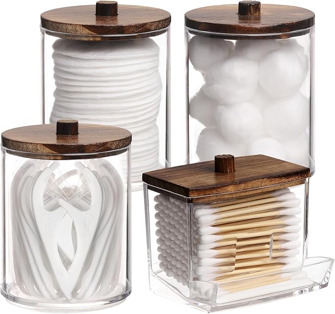 Tbestmax 4 Pack Qtip Holder Bathroom Container, 10/7oz Cotton Ball/Swabs Dispenser, Apothecary Jar with Bamboo Lids for Organ
