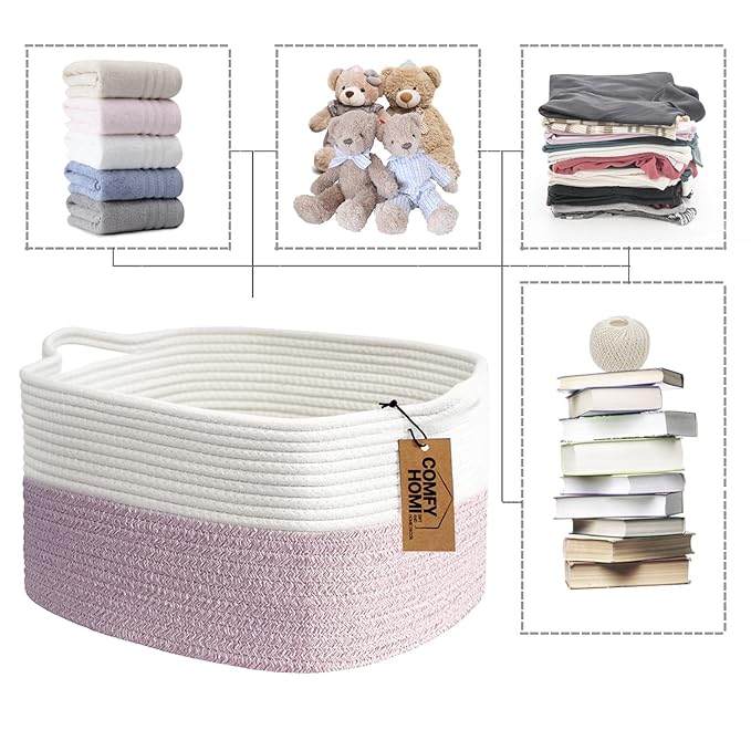 COMFY-HOMI Cotton Rope Woven Medium Basket with Handles for shelf，Cloth Storage Basket for Organizing-13.5X11X9.5 Storage Bin