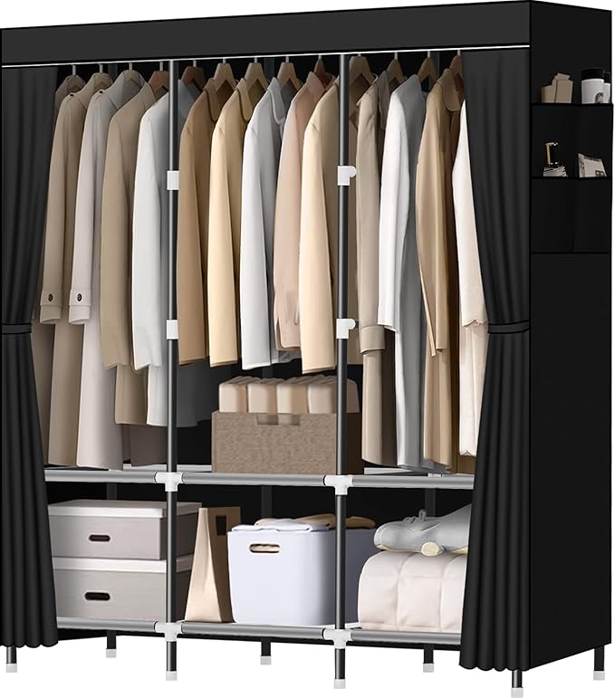 LOKEME Wardrobe Closet,Portable Closet for Bedroom Steel Pipe Diameter 19mm Strong and Sturdy Black Portable Closets for Hang