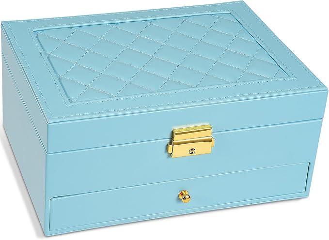 2-Layer Jewelry Box for Women, Jewelry Organizers and Storage with Removable Jewelry Tray, Vintage Quilted Top Lockable Jewel