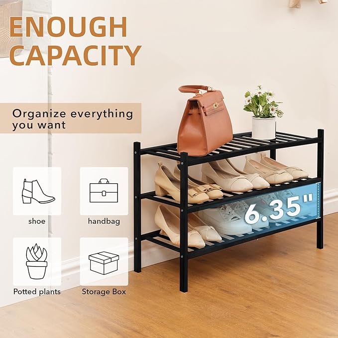 3 Tier Bamboo Shoe Rack Storage Organizer for Closet, Multifunctional Stackable Free Standing Shoe Shelf Organizer for Small 