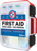 Be Smart Get Prepared First Aid Kit Hard Red Case 326 Pieces Exceeds OSHA and ANSI Guidelines 100 People - Office, Home, Car,