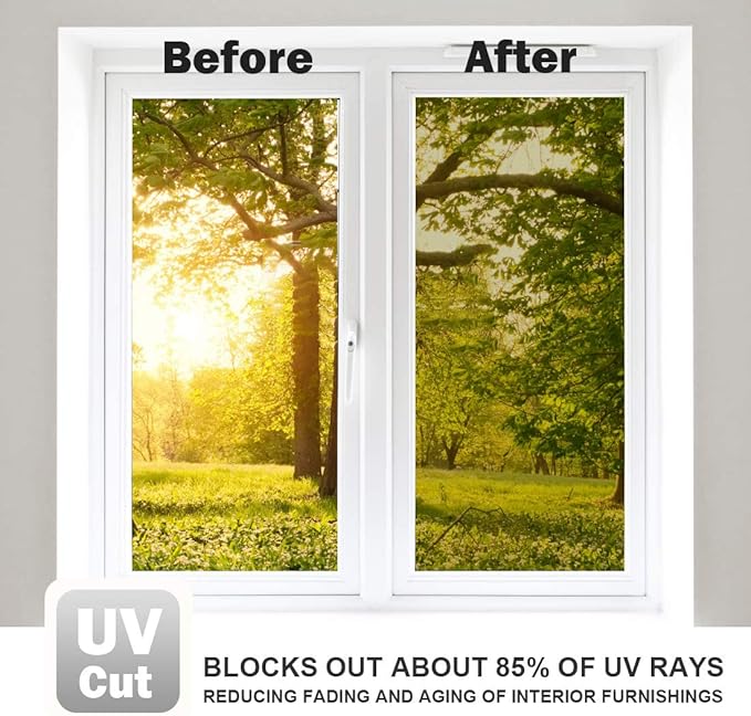 WPCTEV Window Film One Way Mirror Film Daytime Privacy Static Non-Adhesive Decorative Heat Control Anti UV Window Tint for Home and Office, Gold Silver 35.4 Inch x 6.5 Feet