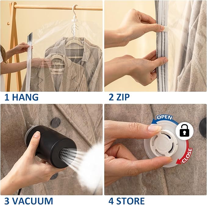 Hanging Vacuum Storage Bags, 4 Pack Hanging Storage Bags for Clothes With Electric Pump, Vacuum Sealed for Suits, Dress, Jack