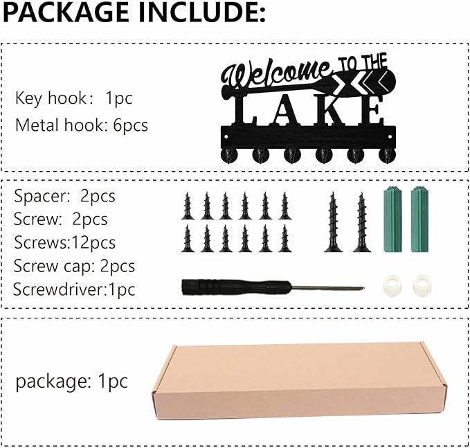 Lake House Key Holder Black Key Holder Wall Mount 11.8 x 7.5 Inch Welcome to The Lake Wooden Keychain Hanger Organizer Rack w