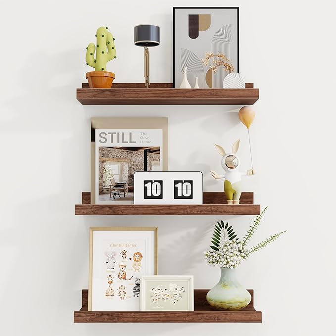 Axeman Picture Ledge Shelf | 16 Inch Walnut Floating Shelves Set of 3 | Rustic Wood Wall Shelves with Lip | 16" Walnut Pictur