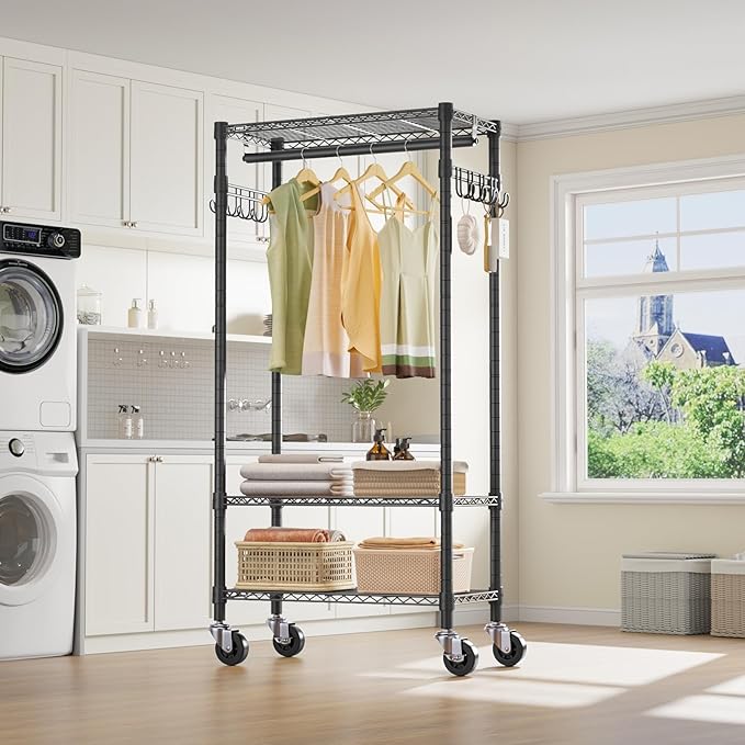 VIPEK R3 Medium Rolling Clothes Racks with Lockable Wheels, Heavy Duty Garment Rack with Adjustable Shelves & Hanging Rod & S