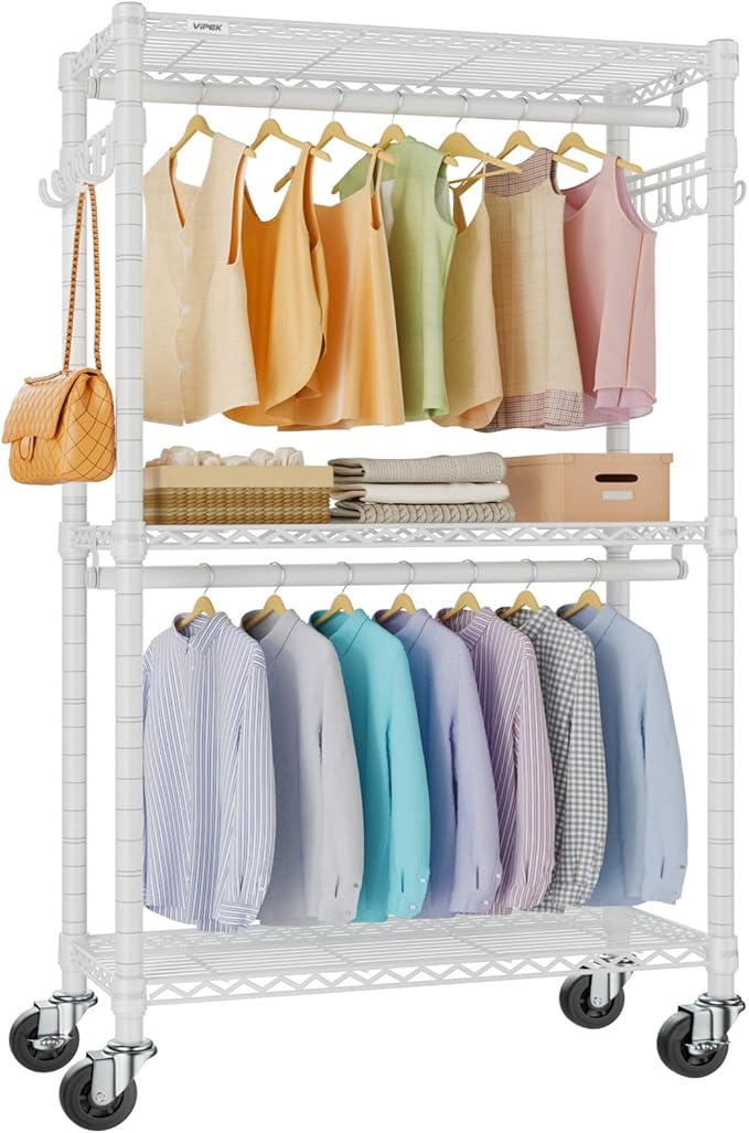 VIPEK R2 Medium Heavy Duty Clothes Rack Rolling Clothing Rack Adjustable Metal Wire Shelving Portable Closets with Double Han