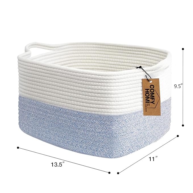 COMFY-HOMI Cotton Rope Woven Basket with Handles for shelf，Toy, Book, Cloth Storage Basket for Organizing-13.5"X11"X9.5" Stor