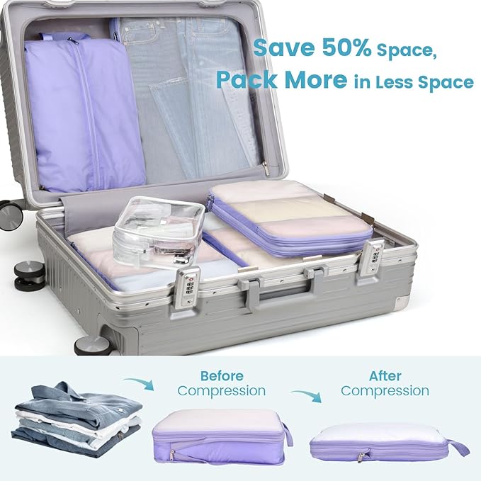 Cambond Mesh Compression Packing Cubes - 6 Piece Expandable See Through Packing Cubes for travel with Shoe and Makeup Bag, Tr