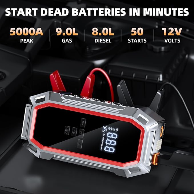 Jump Starter with Air Compressor, 5000A Peak Car Battery Jump Starter(9.0 Gas/8.0L Diesel), 160PSI 12V Jump Box Car Battery