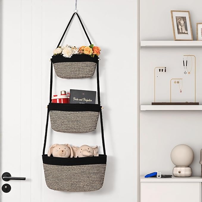 Hanging Storage Baskets, Over the Door Basket, Cotton Wall Baskets Storage, Hanging Door Basket with 4 Hooks