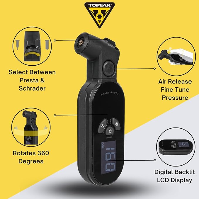 Topeak SmartGauge D2X Digital Tire Pressure Gauge - Accurate and Easy-to-Use Bike Pressure Gauge with Digital Display - Measures PSI for Presta and Schrader Valves