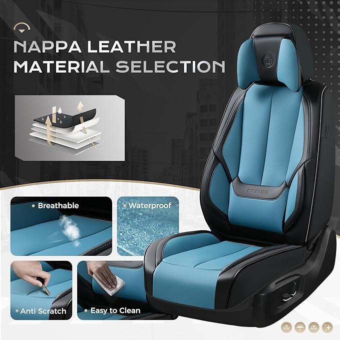 Coverado Seat Covers Full Set, Seat Covers for Cars, 5 Seats Waterproof Nappa Leather Car Seat Covers with Head Pillow, Seat 