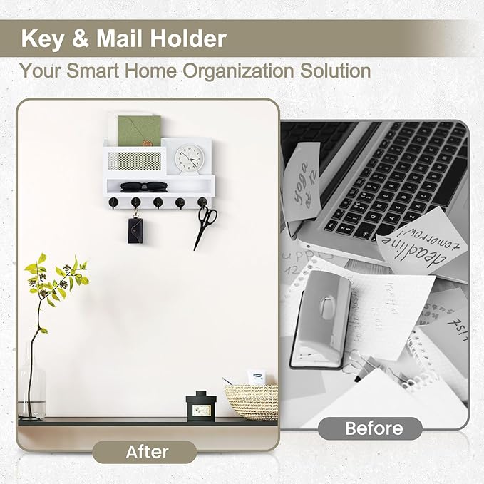 Key Holder for Wall, Mail Organizer Wall Mount with Storage Compartment and 5 key Hooks for Coat, Dog Leash, Stylish Mesh Mai