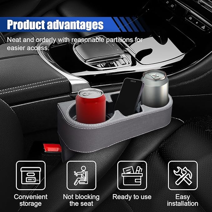 Car Cup Holder, Auto Front Seat Organizer, Multifunctional Cup Drink Holders with PU Leather Cover, Gap Filler Storage Box Coin Bucket Console Side Pocket Cell Mobile Phone Holder (Gray)