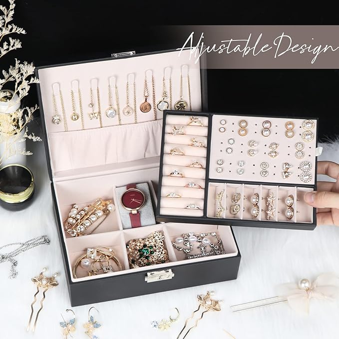 Jewelry Box for Women Girls, 2 Layers Jewelry Organizer Container with Lock, PU Leather Storage Case with Removable Tray, Jew