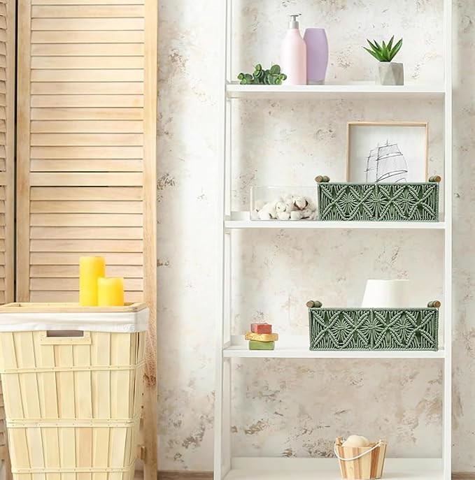 HOSROOME Macrame Boho Decor Baskets for Organizing Woven Decorative Basket for Countertop Toilet Paper Basket for Tank Top fo