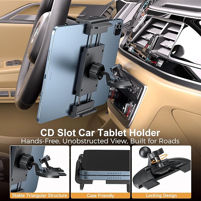 PLDHPRO iPad Holder for Car CD Slot, Adjustable Tablet Mount Air Vent Stand Compatible with 5.1'' -15.6'' Phone, iPad mini/Air/Pro, Galaxy Tab, Z Fold, Vehicle GPS Navigation Accessories