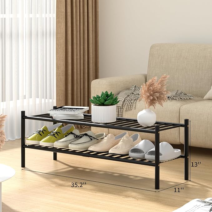 ROMGUAR CRAFT 2-Tier Bamboo Long Shoe Rack, Free Standing Wood Shoe Shelf Storage Organizer for Closet Entryway Stackable 35"