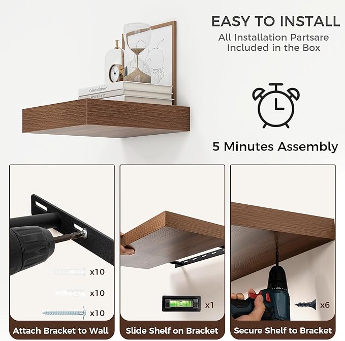 Square Floating Shelves for Wall, 12" W x 12" D x 2" H, 2 Pack, Small Wall Mounted Engineered Wood Shelves with Invisible Bra