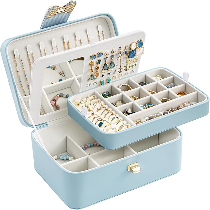 Lolalet 2 Layer Jewelry Box for Teen Girls & Young Women, Jewelry Organizer Case with Bow Clasp and Mirror for Earrings Rings