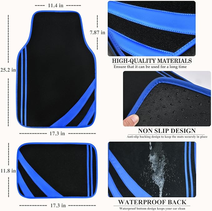 CAR PASS Faux Leather Car Mats Blue Edge Waterproof Car Floor Mats Car Carpet Mats 4 Pieces with Double Stitch Line Anti-Slip