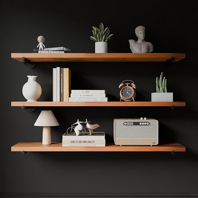 Industrial Pipe Wall Wood Shelves,Real Wooden Shelves 55" in Special Brown Color with 1.2" Extra Thickness, Modern Floating S
