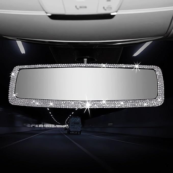 Bling Rhinestone Car Rear View Mirror - Crystal Diamond Decor for Women - Stylish Automotive Interior Accessory (Silver)
