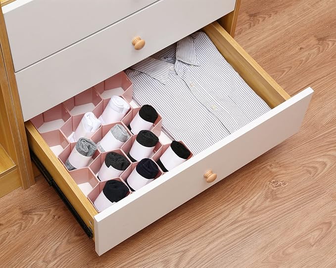 Drawer Splitter 16-piece Set Adjustable Honeycomb Organizer Tie Sock Organizer Underwear Panties Cosmetic Sorter (Pink)