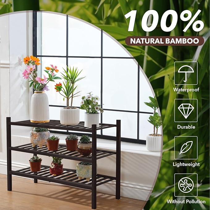 3 Tier Bamboo Shoe Rack Storage Organizer for Closet, Multifunctional Stackable Free Standing Shoe Shelf Organizer for Small 