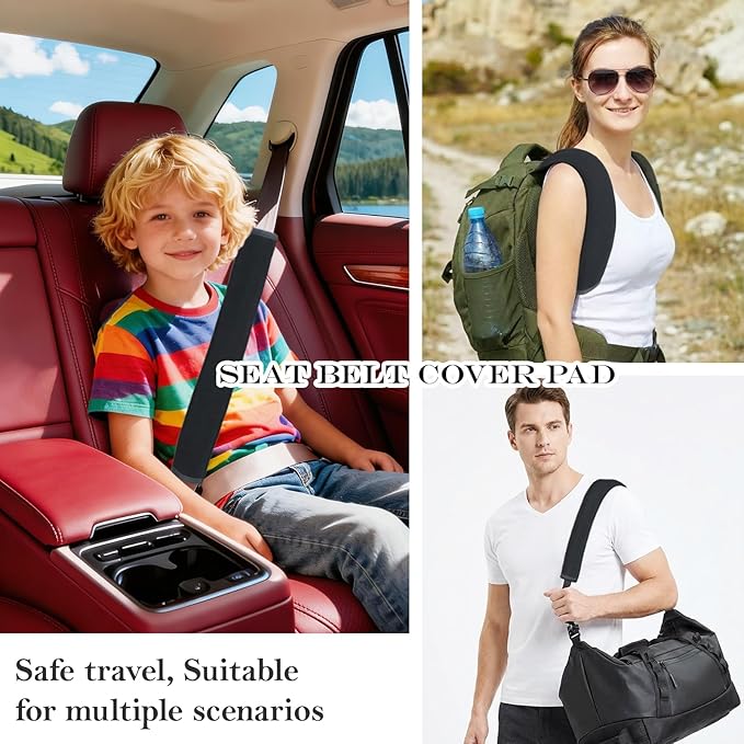 Extended Seat Belt Cover Pad, 2 Pack Soft & Comfortable Universal Seatbelt Covers for Adults and Kids, Fits Car Seat Belts, Armrest, and Backpacks (Black)